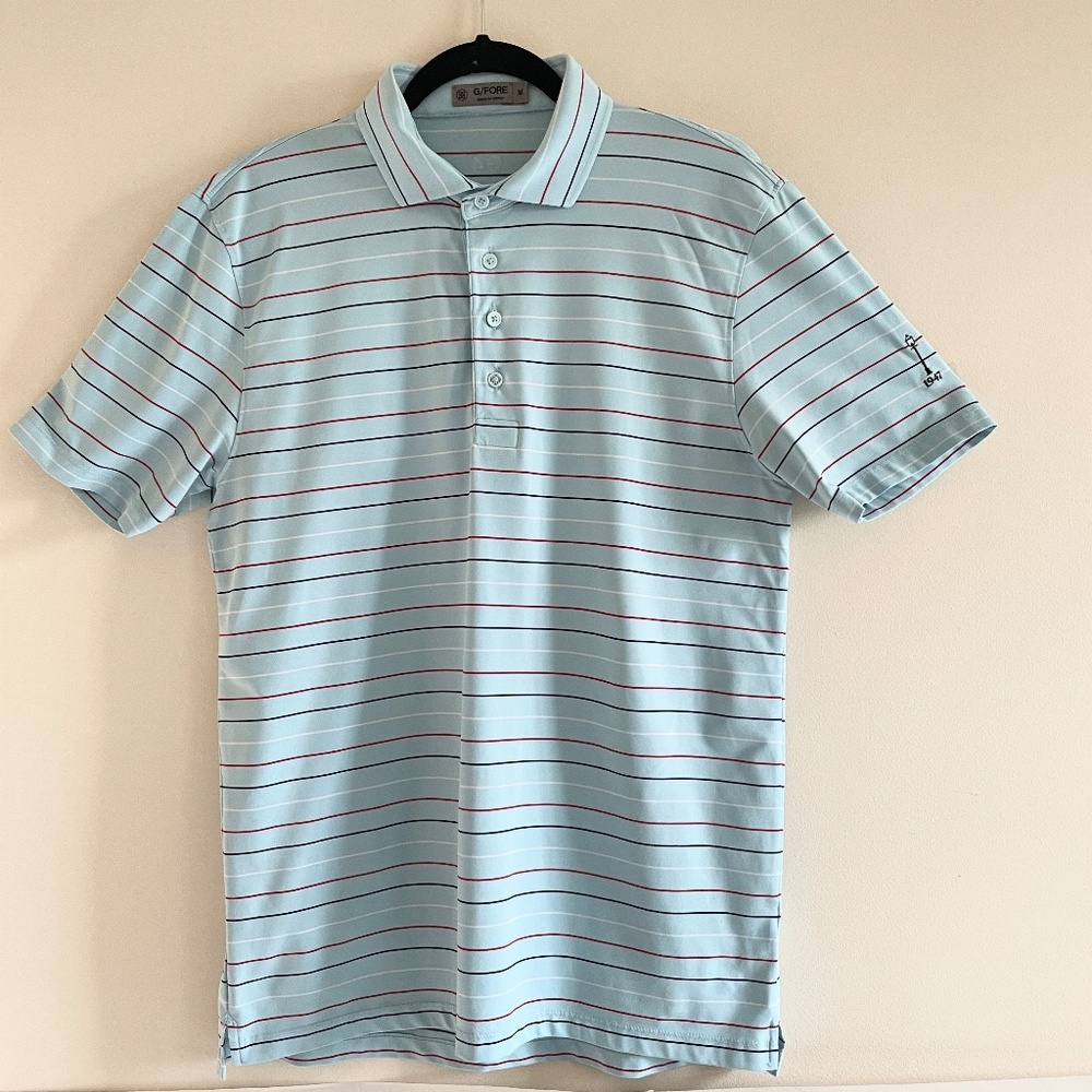 G/FORE Shirt Mens Medium Blue Striped Geometric G4 Golf Club Polo Performance